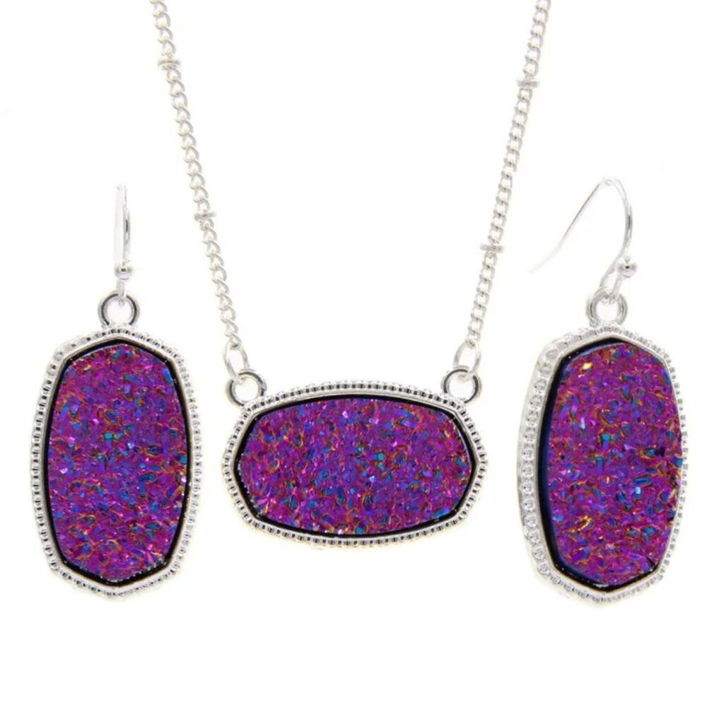 Purple Drusy Quartz Necklace & Earrings Set Silver Tone
